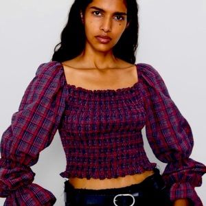 NWOT Zara Plaid Puff Sleeve Long Sleeve Crop Blouse